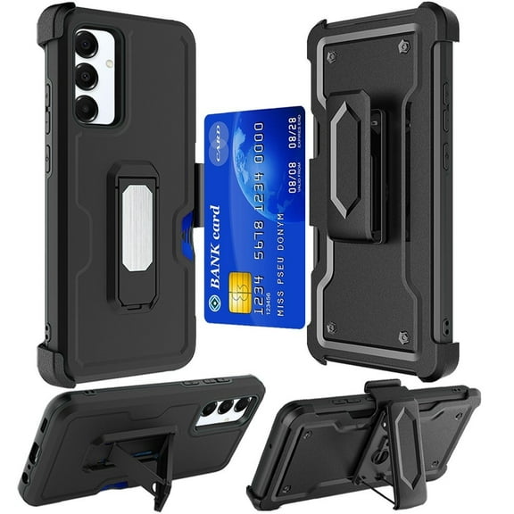 For Samsung Galaxy A15 5G S156V Card Holster Kickstand Hybrid Cover Cell Phone Case - Card Holster Black
