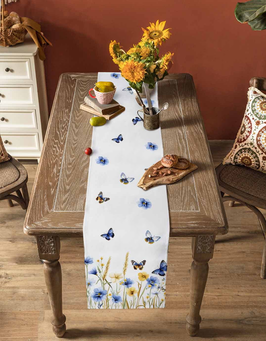 nqOlkjepod Butterflies Floral Table Runner 60 Inches Long Farmhouse Dress Scarves, Country Plants Wildflower Leaves Dining Tablerunner for Coffee Table/Kitchen Island/Party Décor, 13" x 60"