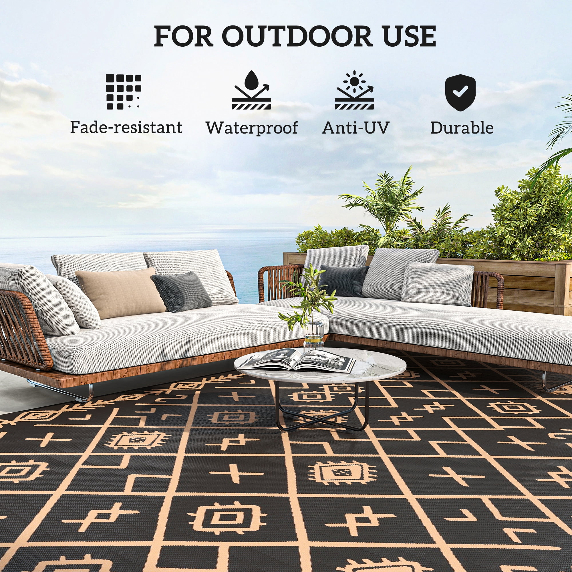 Outsunny Outdoor Patio Rug, Large Camping Carpet with Carrying Bag, 9' x 18' Waterproof Plastic Straw, Reversible, Black & Brown Rhombus