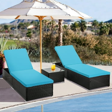 3 Pieces Outdoor Patio Lounge Furniture Set, Outdoor Poolside Reclining PE Rattan Chaise Lounge Set of 2, Tempered Glass Top Coffee Table, Brown PE Wicker and Blue Cushions
