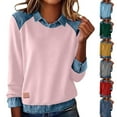 thumbnail image 1 of RKSTN Sweatshirt for Women Oversized Lapel Denim Patchwork Stitching Sweatshirt Womens Casual Solid Plus Size Turndown Collared Loose Comfy Trendy Retro Streetwear Long Sleeve T Shirts, 1 of 10