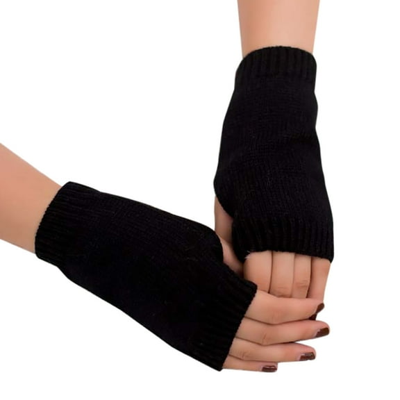 Fall Polyester Long Sleeve Thermal Gloves for Women Black Solid Color Girl Knitted Arm Fingerless Keep Warm Winter Soft Mitten