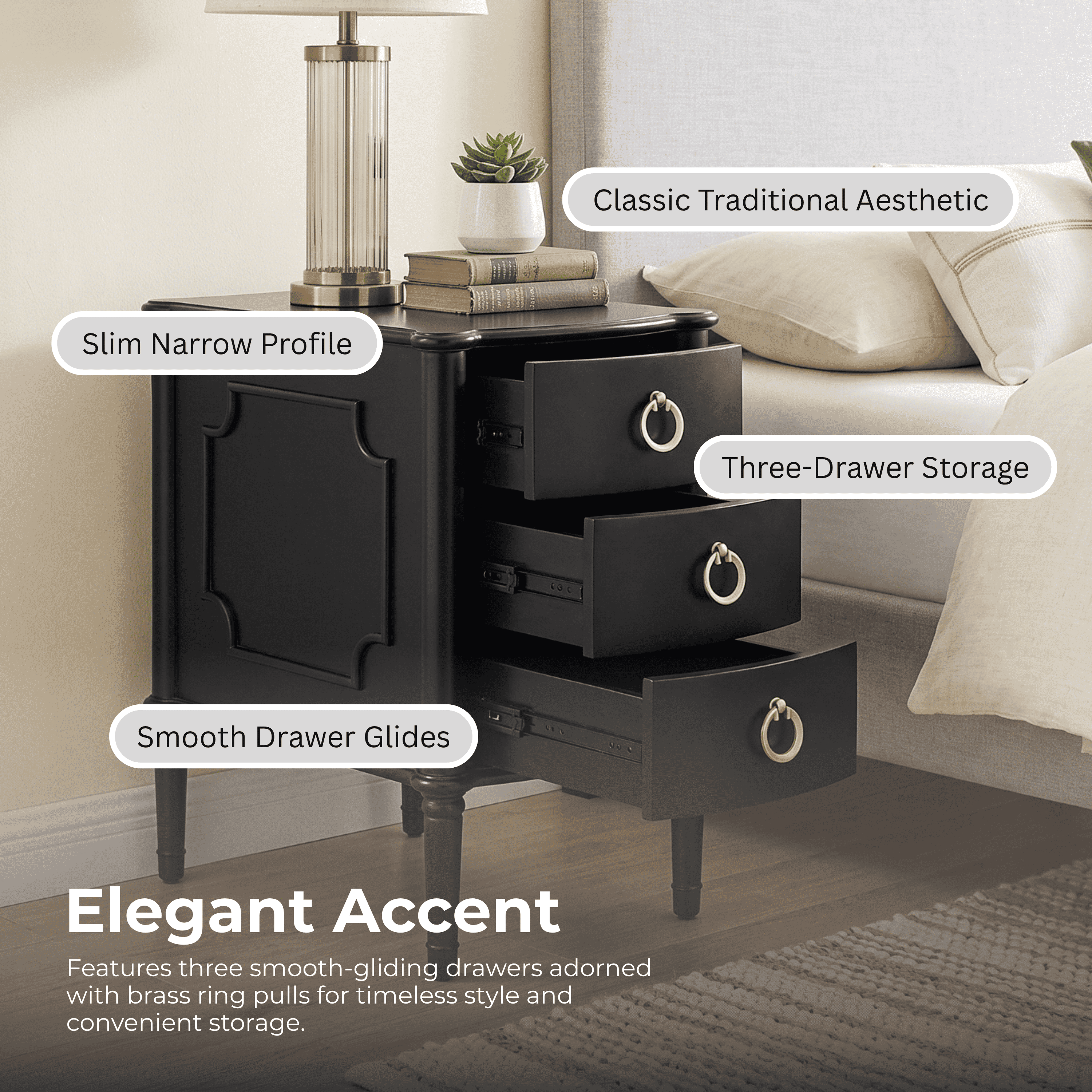 Furniture of America Ivera Modern Wood 3-Drawer Nightstand with Tapered Legs, Black