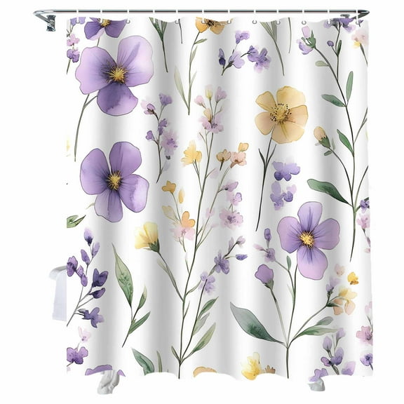 Shower Curtains Purple Yellow Flowers Bath Curtain Watercolor Spring Floral Waterproof Bathroom Shower Curtain Set with Hooks Decoration 72 x 72 Inches