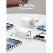 20W PD/QC Fast Charger with USB-C and USB-A Ports, Smart Chip, Turbo Power, 100cm Cable Included