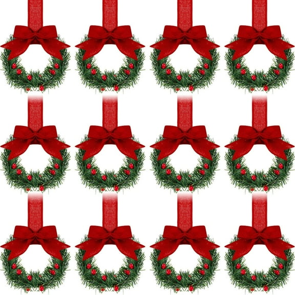 XEAZO 12 Pcs Christmas Kitchen Cabinet Wreaths with Ribbon Mini Christmas Wreath Small Kitchen Cabinet Xmas Decor for Window, Fireplace, Front Door, Table Decorations