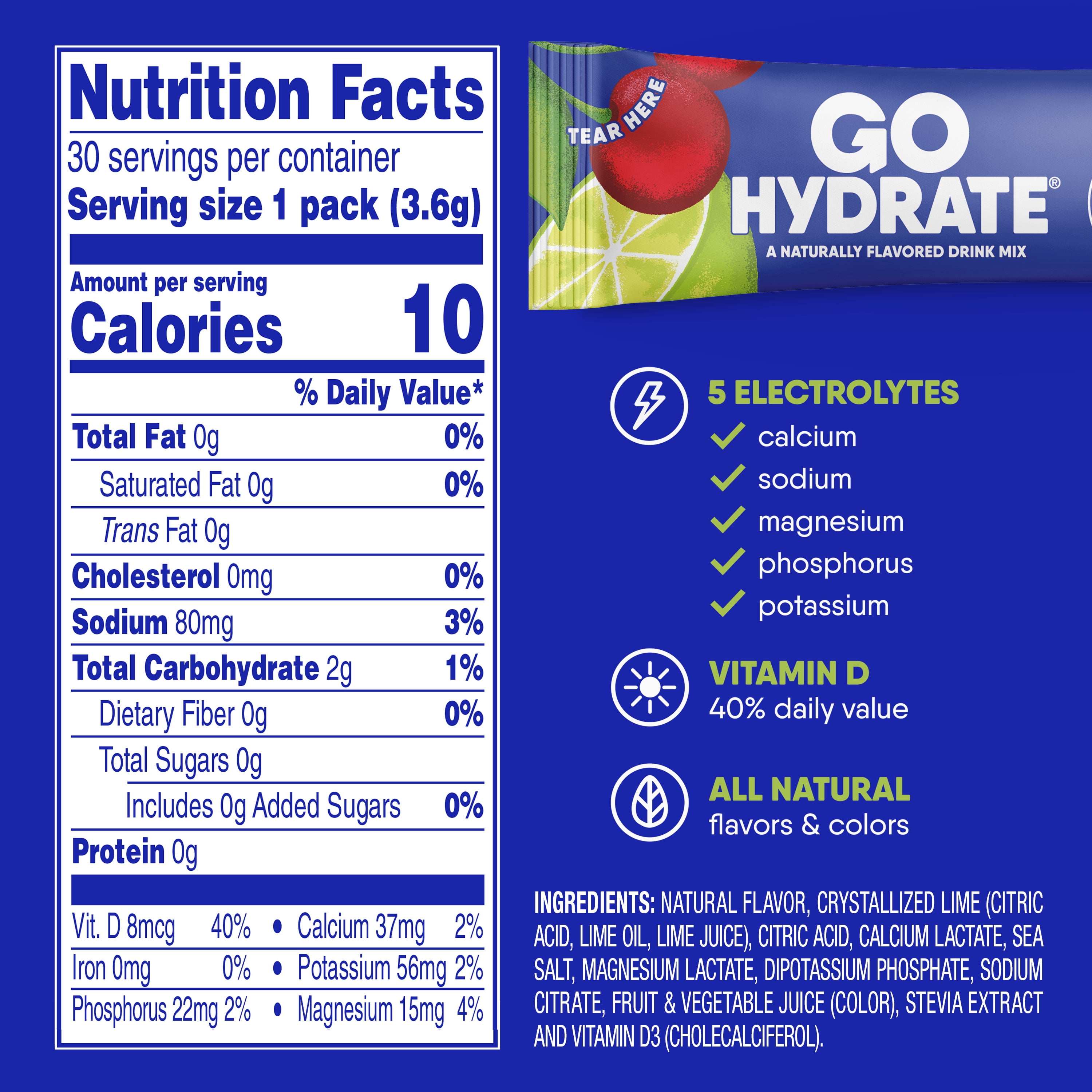 lectrolyte Hydration Drink Mix with Vitamin D, Non GMO Electrolyte Powder Hydration Pack, Cherry Limeade, 30 Hydration Powder Packets - GoHydrate