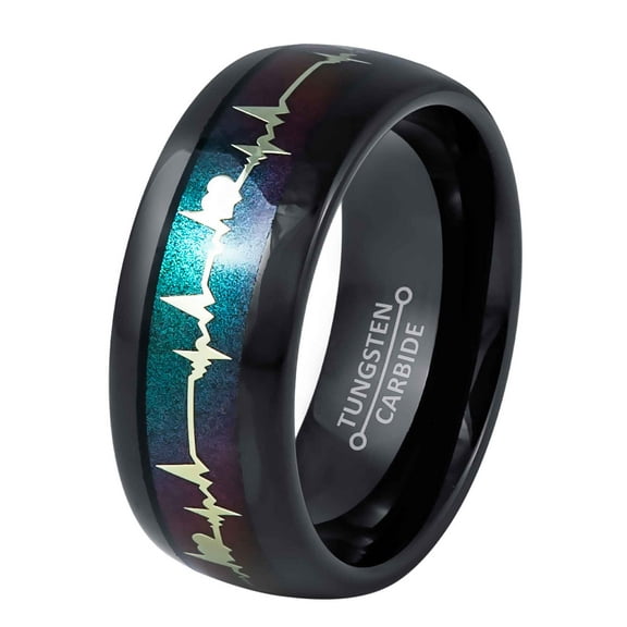 Jewelry Avalanche Dome Black Tungsten Carbide Ring, EKG Cutout, LGBTQ Inspired Wedding Band, Unisex