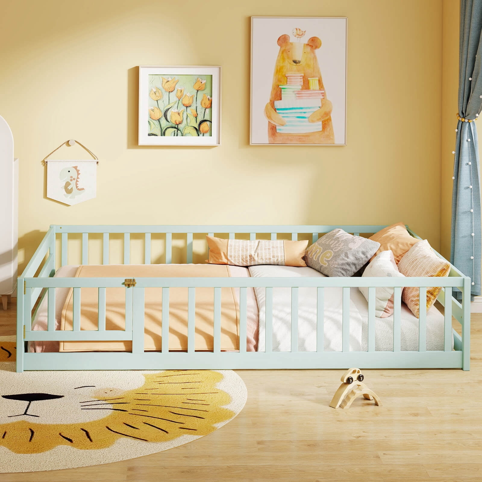 Costway Full Size Floor Bed with Full Length Safety Guardrails & Door for Boys, Girls Mint Sky