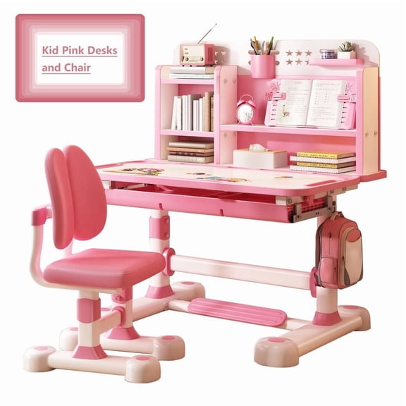 AurumEdge Kids Study Desk And Chair Set, Height Adjustable Children's Study Desk And Chair Set Toddler Learning Table and Stool Set with Bookshelf Storage Desktop for Bedroom Pink