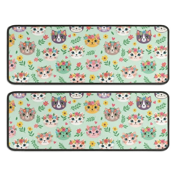 Multicolor Cat and Flower Green Pattern Anti Fatigue Kitchen Rugs Set Of 2, Non Slip Washable Decorative Floor Mats for Sink Laundry and Home Use, 17"x47"