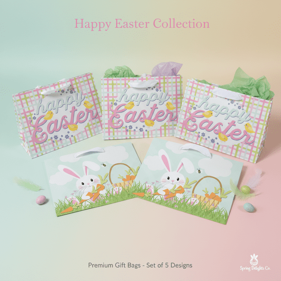 5 Pack Easter Gift Bags Plaid Easter Design Spring Collection Small Party Favors