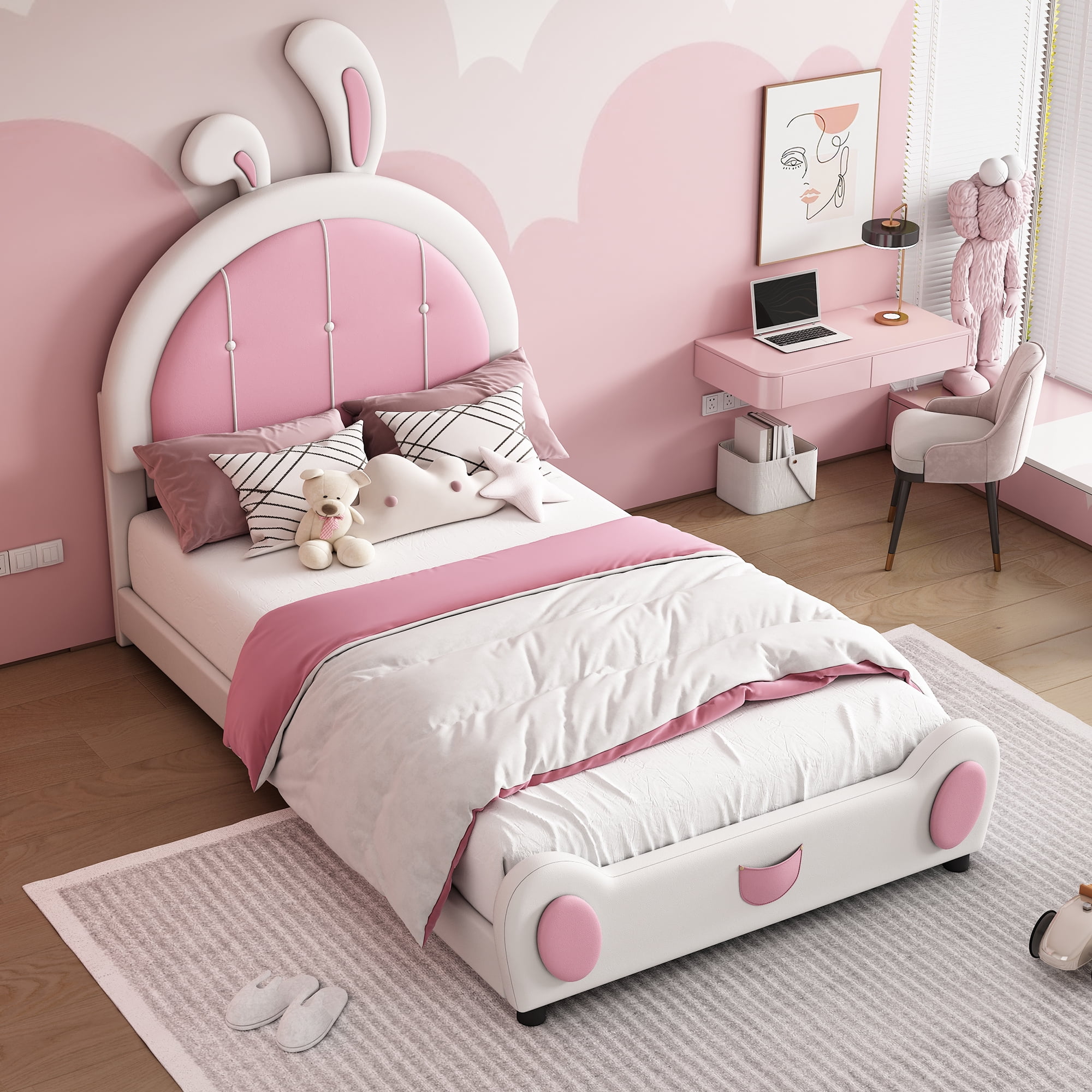 Mintazer Twin Size Upholstered Bed with Bunny Shaped Headboard, Platform Bed for Kids Adult Girl Bedroom Apartment, White & Pink