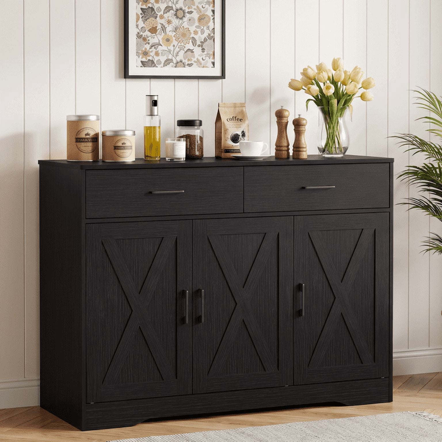 Lacoo Farmhouse Sideboard Buffet Cabinet with 2 Drawers and 3 Doors, Kitchen Storage Cabinet with Adjustable Shelf, Coffee Bar Cabinet for Dining Room and Living Room, Black