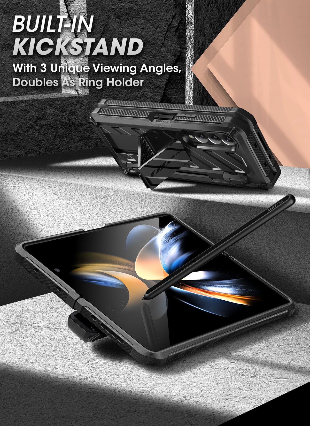 SupCase Unicorn Beetle Pro - Protective case for cell phone - rugged - with S-Pen holder - thermoplastic polyurethane (TPU) - black - for Samsung Galaxy Z Fold4