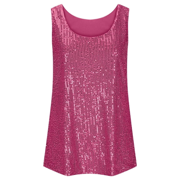 VNKIDY Womens Scoop Neck Sequin Sleeveless Tank Top Loose Fit Glitter Party Blouse For Party Holiday Daily Wear Hot Pink S