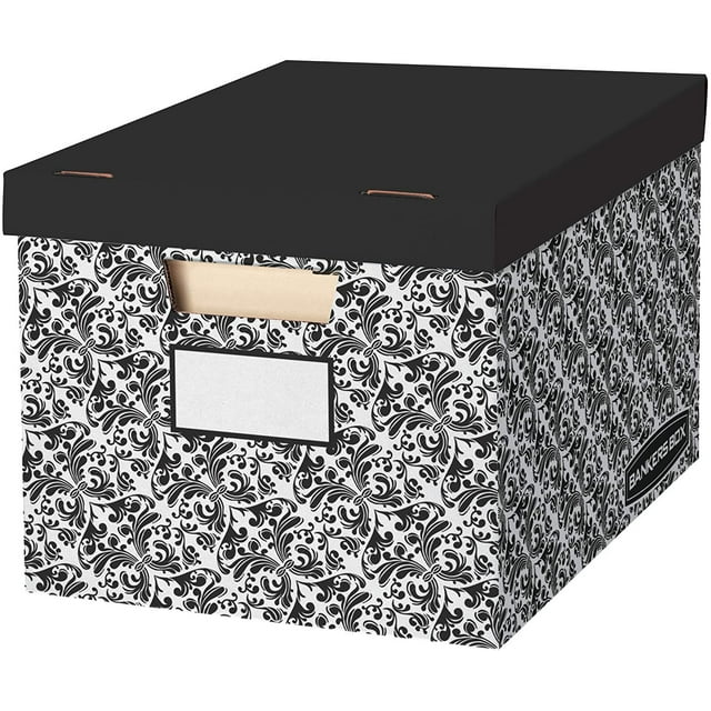 Bankers Box 10 Pack STOR/FILE Decorative Medium-Duty File Storage Boxes, FastFold, Lift-Off Lid, Letter/Legal, Black/White Brocade