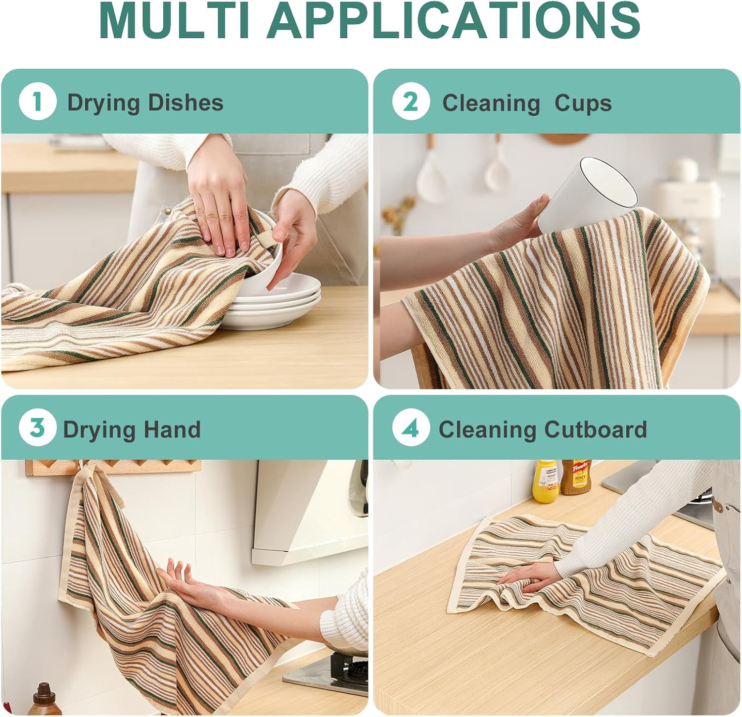 KitchenKey Premium Cotton Kitchen Dish Towels for Drying Dishes,Large Long Kitchen Hand Towels, Thick Highly Absorbent Dish Clothes Tea Towel Sets with Hanging Loop, 16" X 26", 4 Pcs