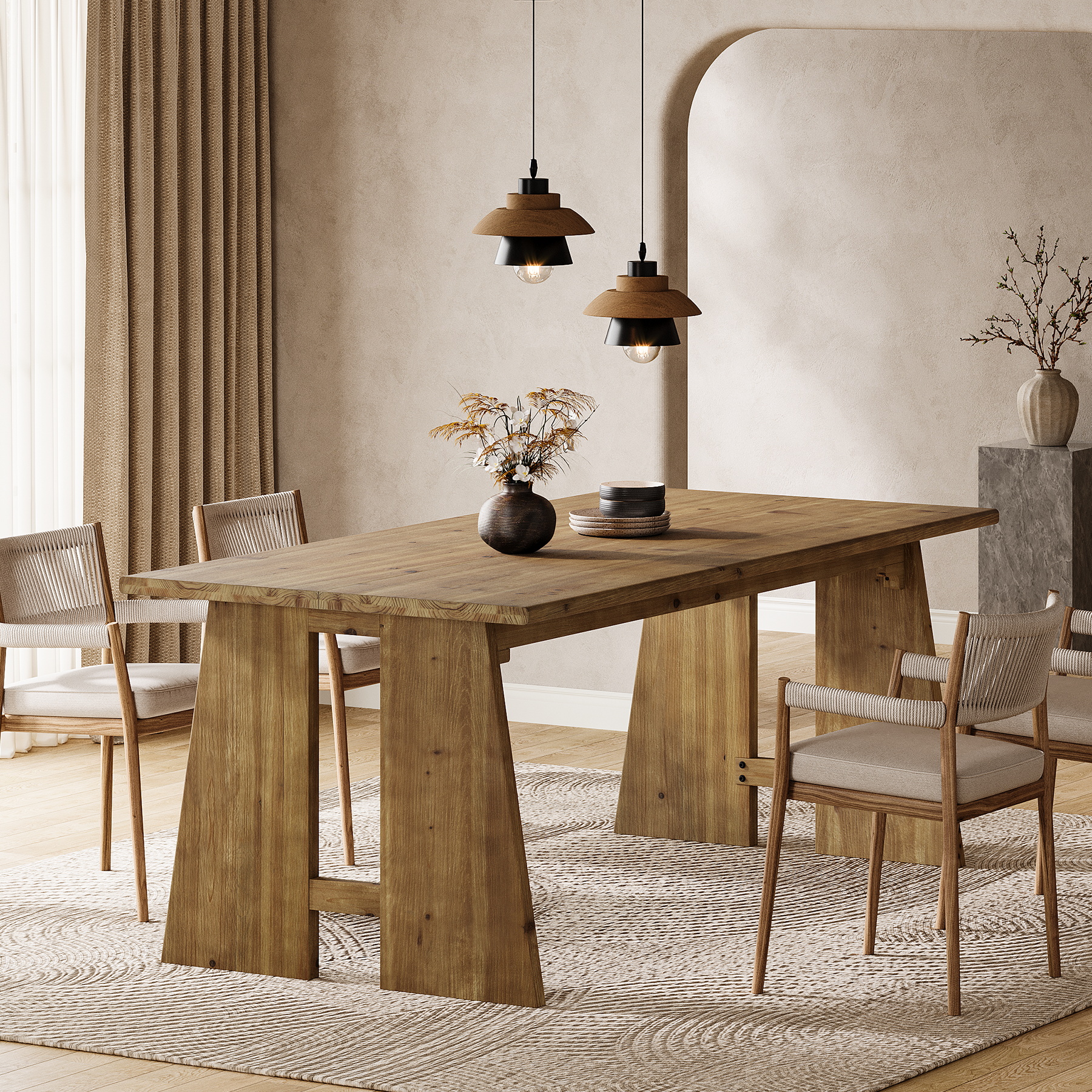 Finmind 70.87" Solid Wood Dining Table for 6-8, Farmhouse Kitchen Table with Sturdy Legs, Rectangle Dinner Furniture for Kitchen, Living Room, Brown