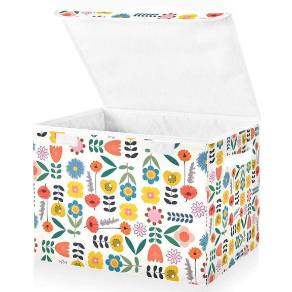 Yayeee Collapsible Cube Storage Bin with Lid Fabric Closet Decorative Basket with Handles, Colorful Cartoon Flowers