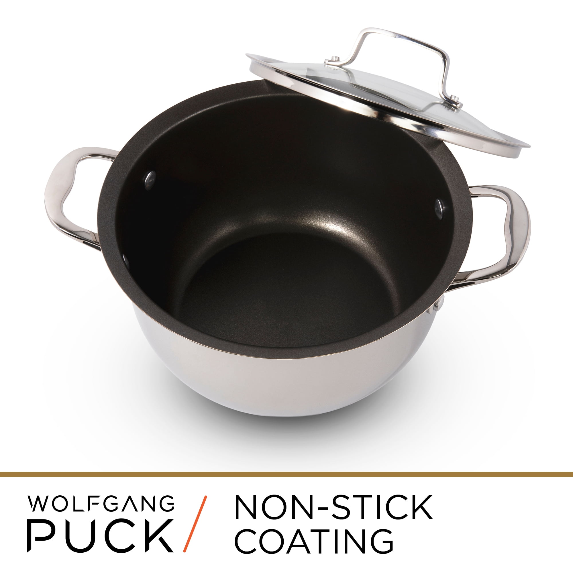 Wolfgang Puck 6-Piece Stainless Steel Pots and Pan Set; Scratch-Resistant Non-Stick Cookware, Clear Tempered-Glass Lids,
