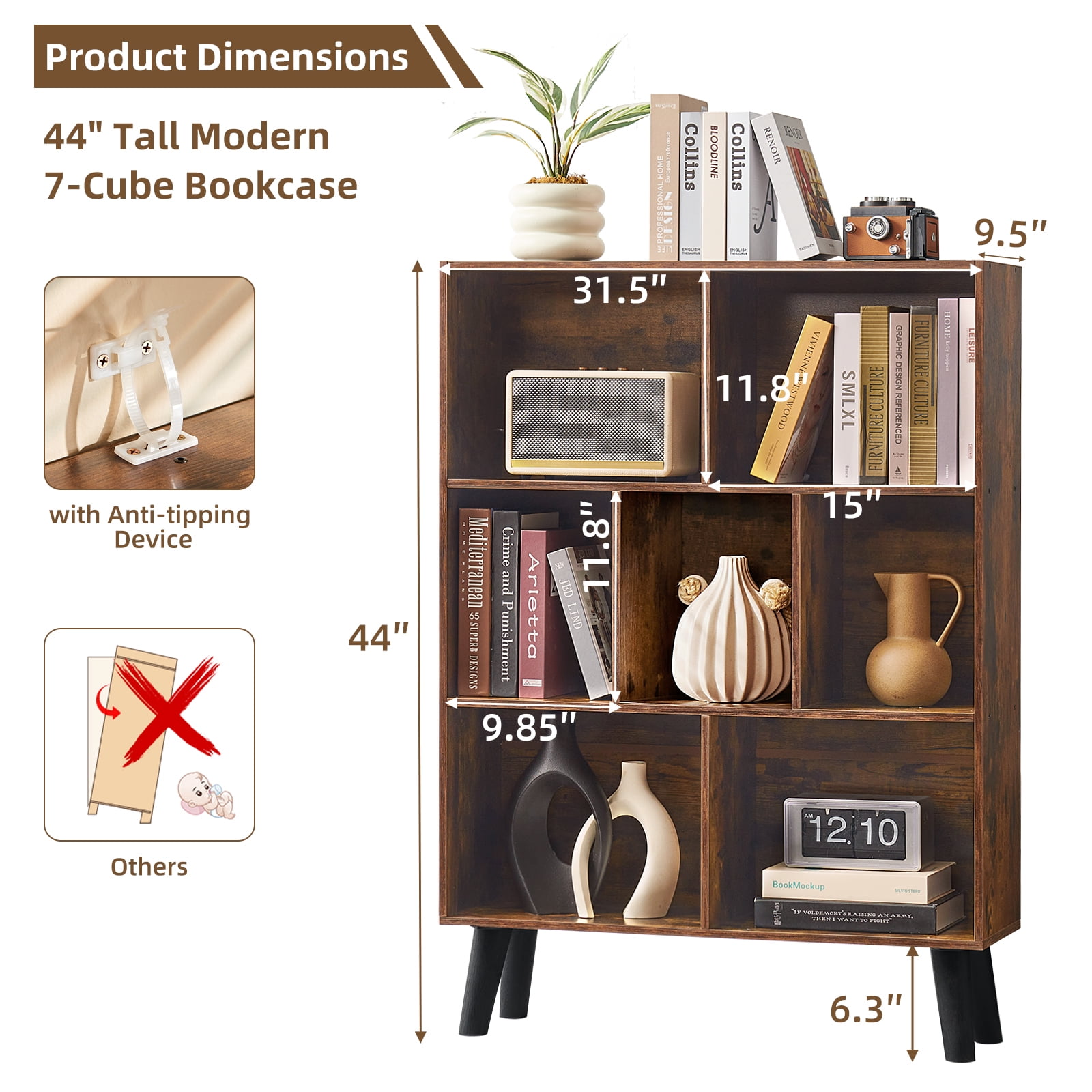 LELELINKY 7 Cube 3-Tier Open Wooden Bookshelf, Toy Shelves Bookshelves,Wood Display Bookcases, Brown