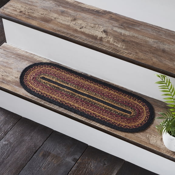 VHC Brands Heritage Farms, Stair Tread Non-Slip, Braided Jute, Oval, Red Black Tan. 8.5x27