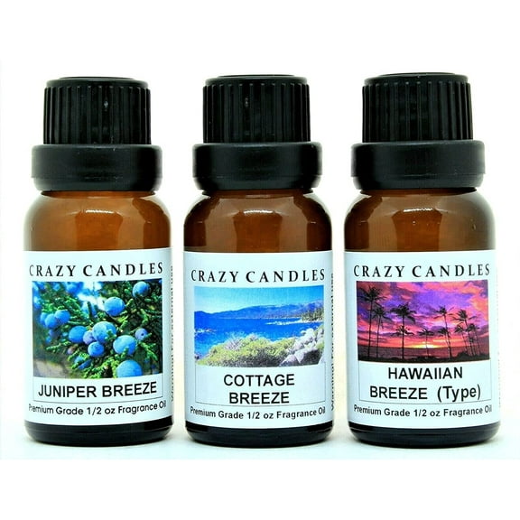 Crazy Candles 3 Bottles Set, 1 Juniper Breeze, 1 Cottage Breeze, 1 Hawaiian Breeze 1/2 Fl Oz Each (15ml) Premium Grade Scented Fragrance Oils