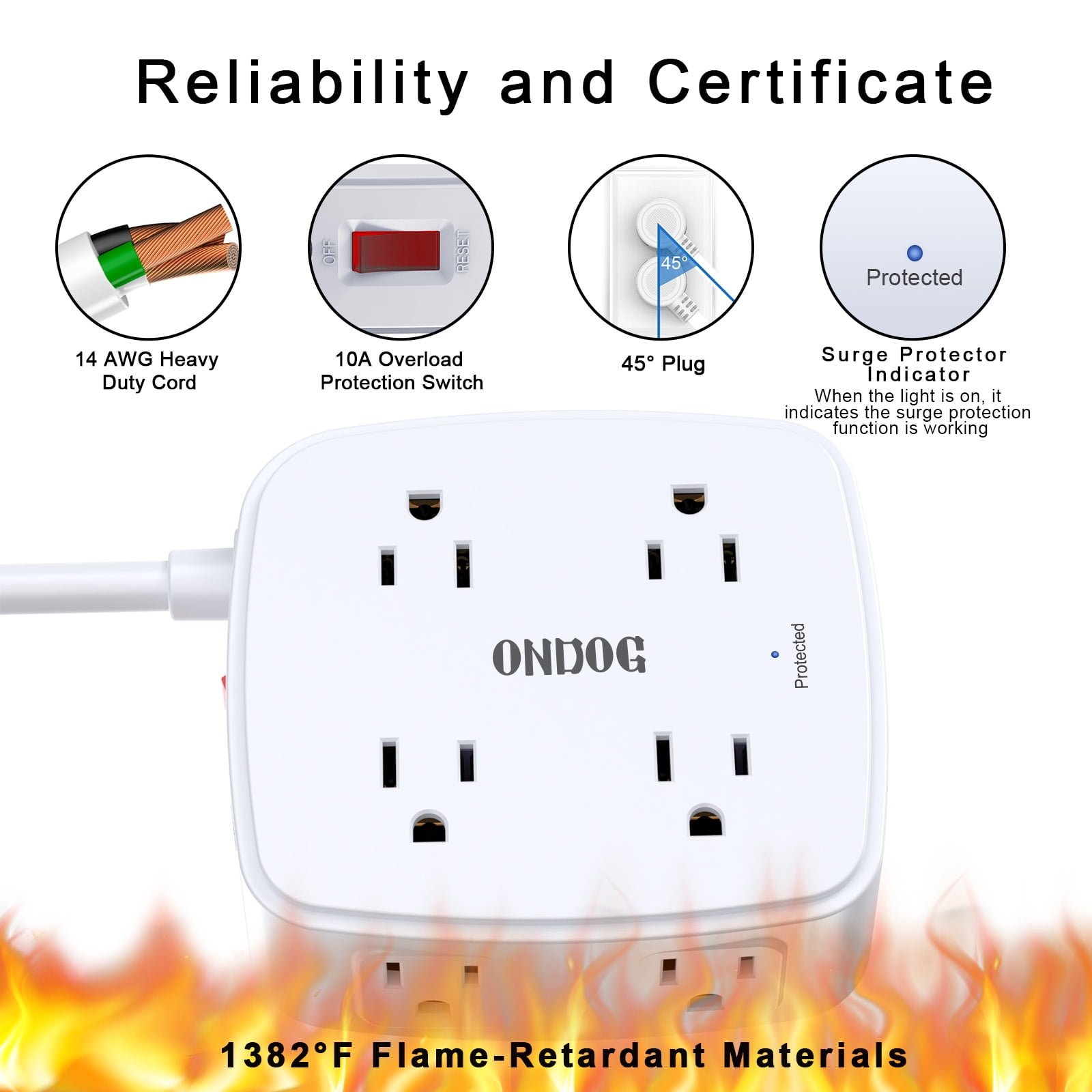 ONDOG 6ft Extension Cord Surge Protector - 8 Outlets and 4 USB (3U1C) Power Strip, ETL Listed