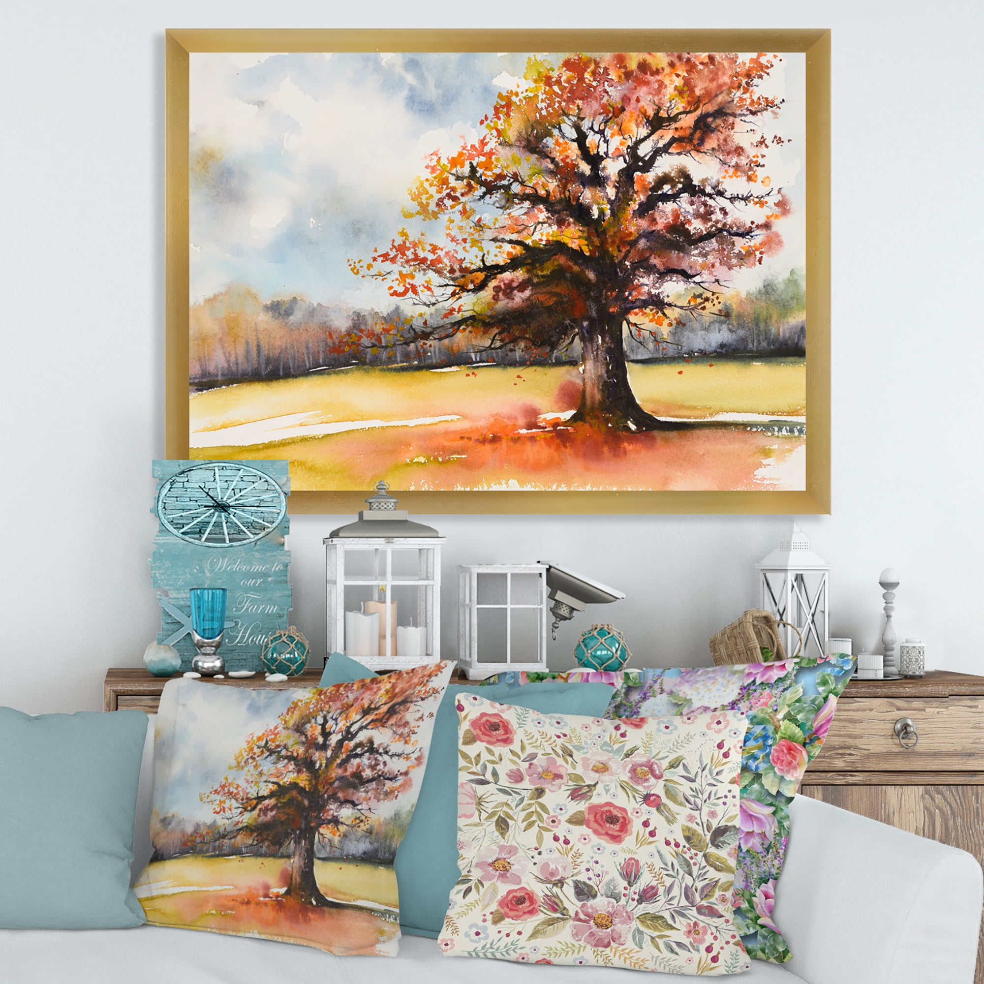 Designart 'Lone Oak Tree In The Fields With Autum Leaves' Traditional Framed Art Print