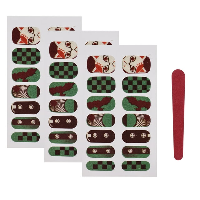 Anime-Inspired Full Nail Stickers Set (Model F: Tanjiro Design) - 3 Sheets with 7 Sizes & 1 Nail File Included - Japanese-Style Nail Art Decals for Creative Manicures