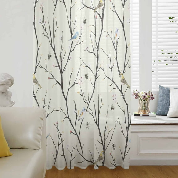 Pastoral Botanical Semi Sheer Curtains Drapes for Living Room, Bedroom, French Doors Window 108 Inches Long, Vintage Branch Birds Floral Rod Pocket Chiffon Curtain Drapery Voile Draperies Panel