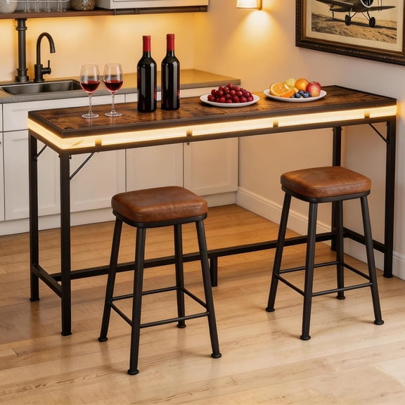 70.9" Bar Table with LED Lights, Counter Height Pub Gaming Table for Living Room Dining Room Rustic Brown Black