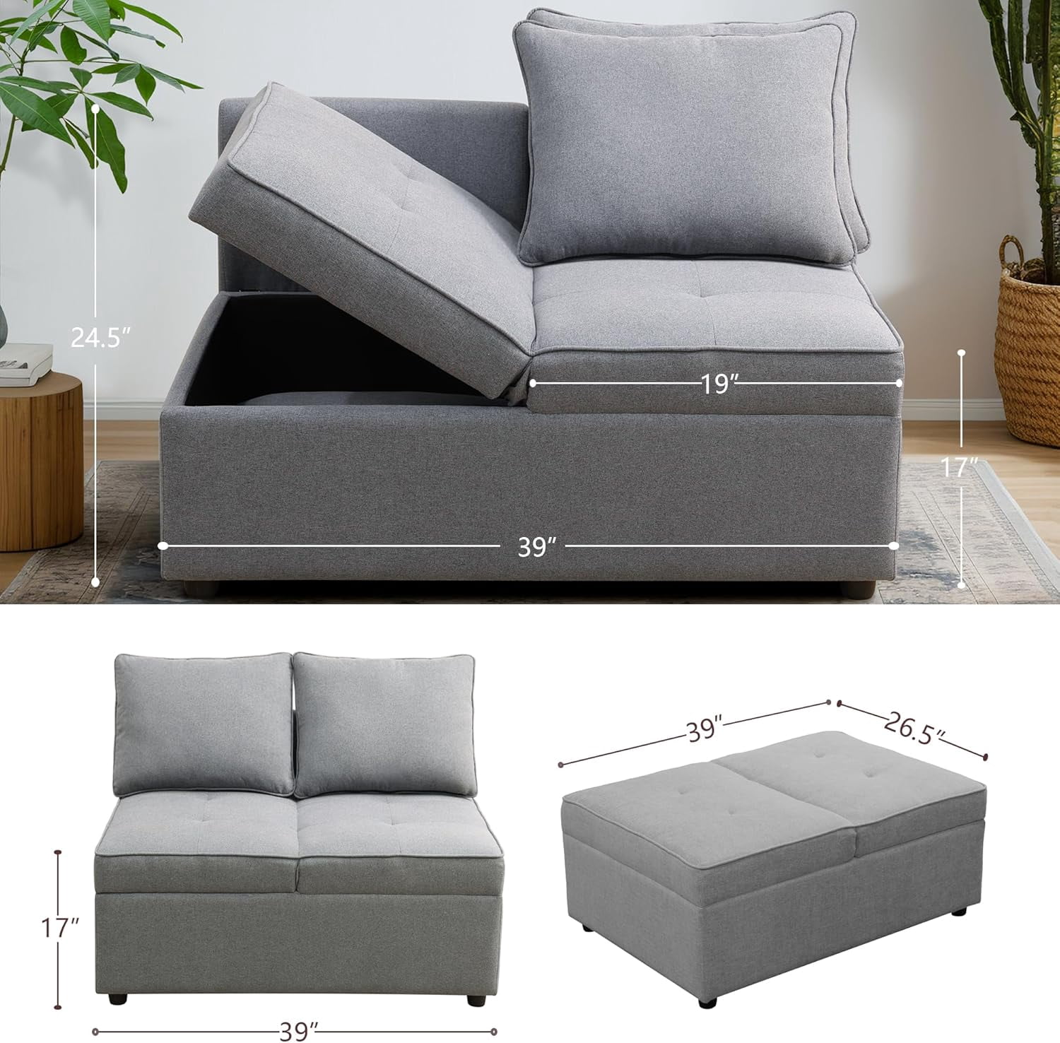 Convertible Ottoman Sofa with Storage, Modern Sackcloth Futon Couch with 2 Pillows or Home Living Room Dorms, Grey
