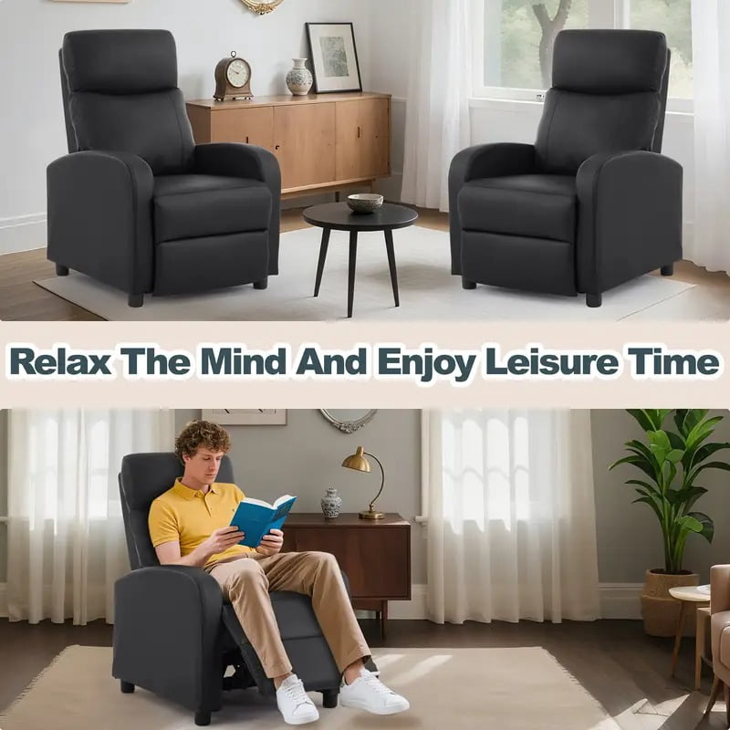 EDX PU Leather Recliner Chair, Small Recliner Sofa Chair with Padded Seat & Side Pocket, Modern Seating Furniture with Footrest & Backrest for Home, Theater, Living Room, Black