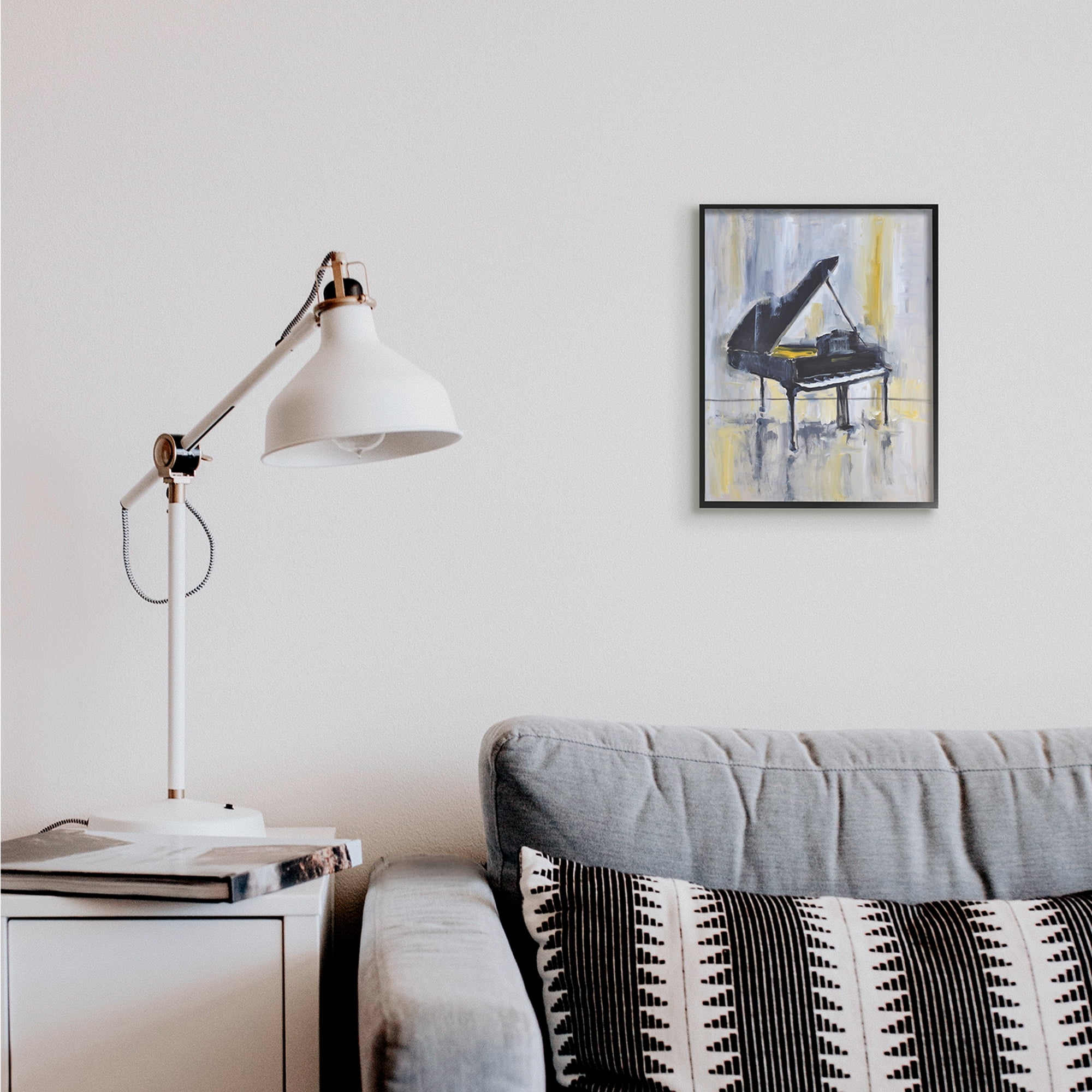 Stupell Industries Distressed Grand Piano Instrument Blue Gold Abstract Painting Black Framed Art Print Wall Art, 11 x 14