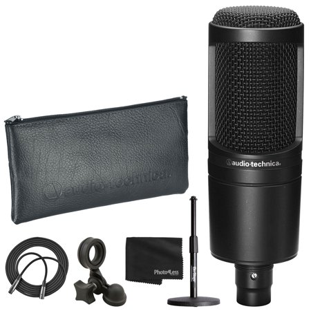 Audio-Technica AT2020 Cardioid Condenser Studio XLR Microphone Black + Adjustable Desk Microphone Stand + Mic Cable XLR-M to XLR-F + Cleaning Cloth