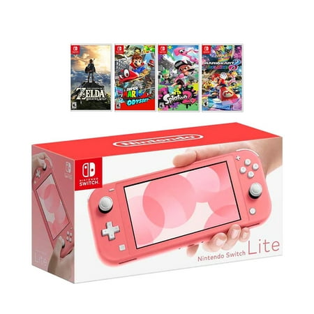 New Nintendo Switch Lite Coral Console Bundle with 4 Games: The Legend of Zelda: Breath of the Wild, Super Mario Odyssey, Splatoon 2, and Super Mario Kart 8!