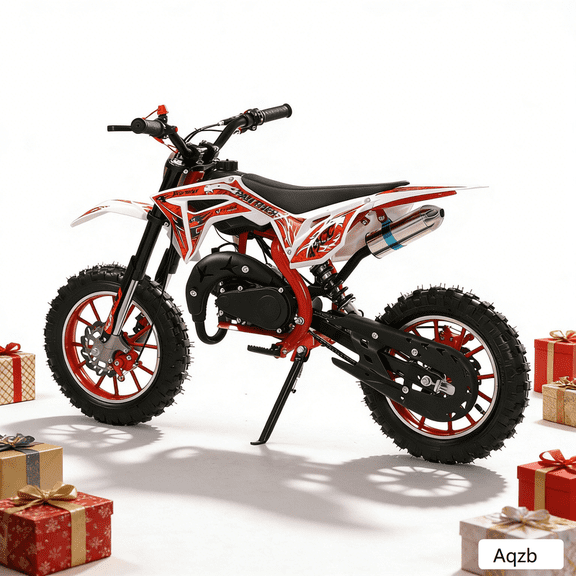 Aqzb 49CC Kids Dirt Bike, 2-Stroke Gas Powered Mini Motorcycle for Ages 6-12, with Dual Disc Brakes, 10” Off-Road Tires, Shock Absorption Springs, Hand-Pull Start & Soft Seat Cushion (Red)