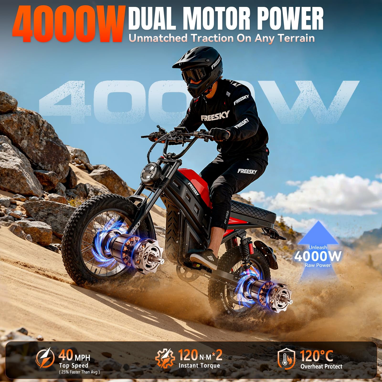 FREESKY 4000W Dual Motor Electric Bike for Adult, 2880WH 60AH Battery 38MPH 200 Miles, 20" Fat Tires Full Suspension AWD All Terrain Moped