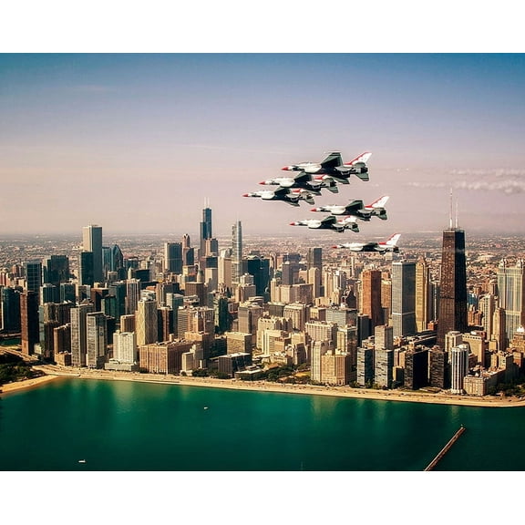 US Air Force Thunderbirds Over Chicago Style - A - 24x36 Inch Laminated Aviation Poster - Stunning Detail and Bold Colors
