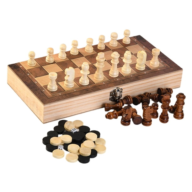 Set 3 en 1 (échecs, dames, backgammon), bois, planche 40x40cm