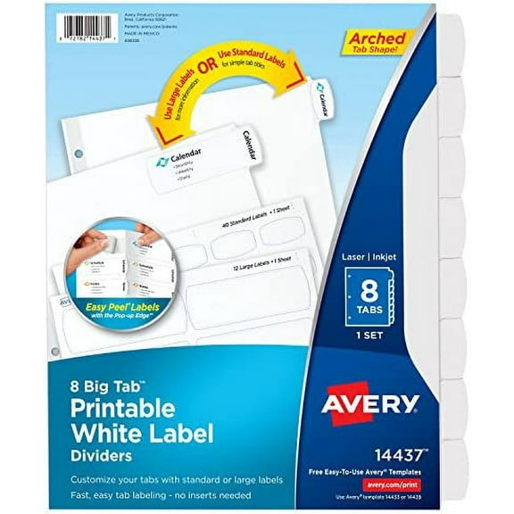 Avery Big Tab Printable White Label Dividers with Easy Peel, 8 Tabs, 1 Set (14437)