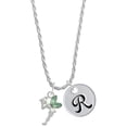 thumbnail image 1 of Delight Jewelry Silvertone Small Fairy with Lime Green Wings Silvertone Script Initial Disc - R - Charm Necklace, 20"+3", 1 of 4