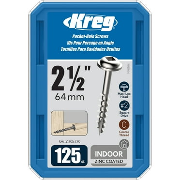 Kreg SML-C250-125 Zinc Pocket Screws, 2 1/2-Inch, #8 Coarse Thread, Maxi-Loc Head (125 Count)