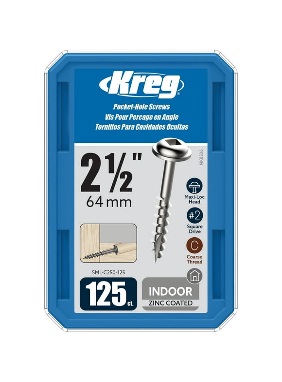 Kreg SML-C250-125 Zinc Pocket Screws, 2 1/2-Inch, #8 Coarse Thread, Maxi-Loc Head (125 Count)