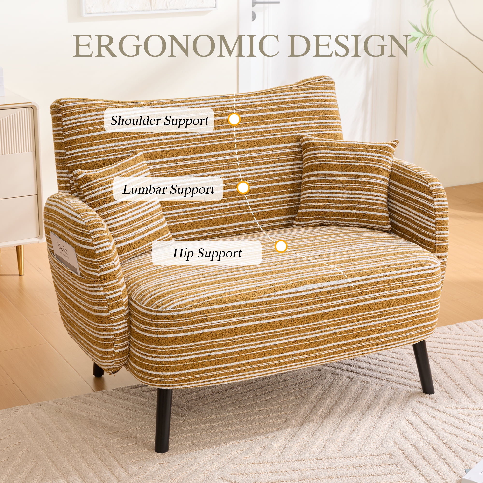 Jopath Modern Style Loveseat Sofa with Ultra-Comfortable Armrests, Armrest Pillows, and Storage Pockets, Deep-Seated Two-Seater Sofa for Bedroom, Small Spaces, Apartments Mustard Yellow