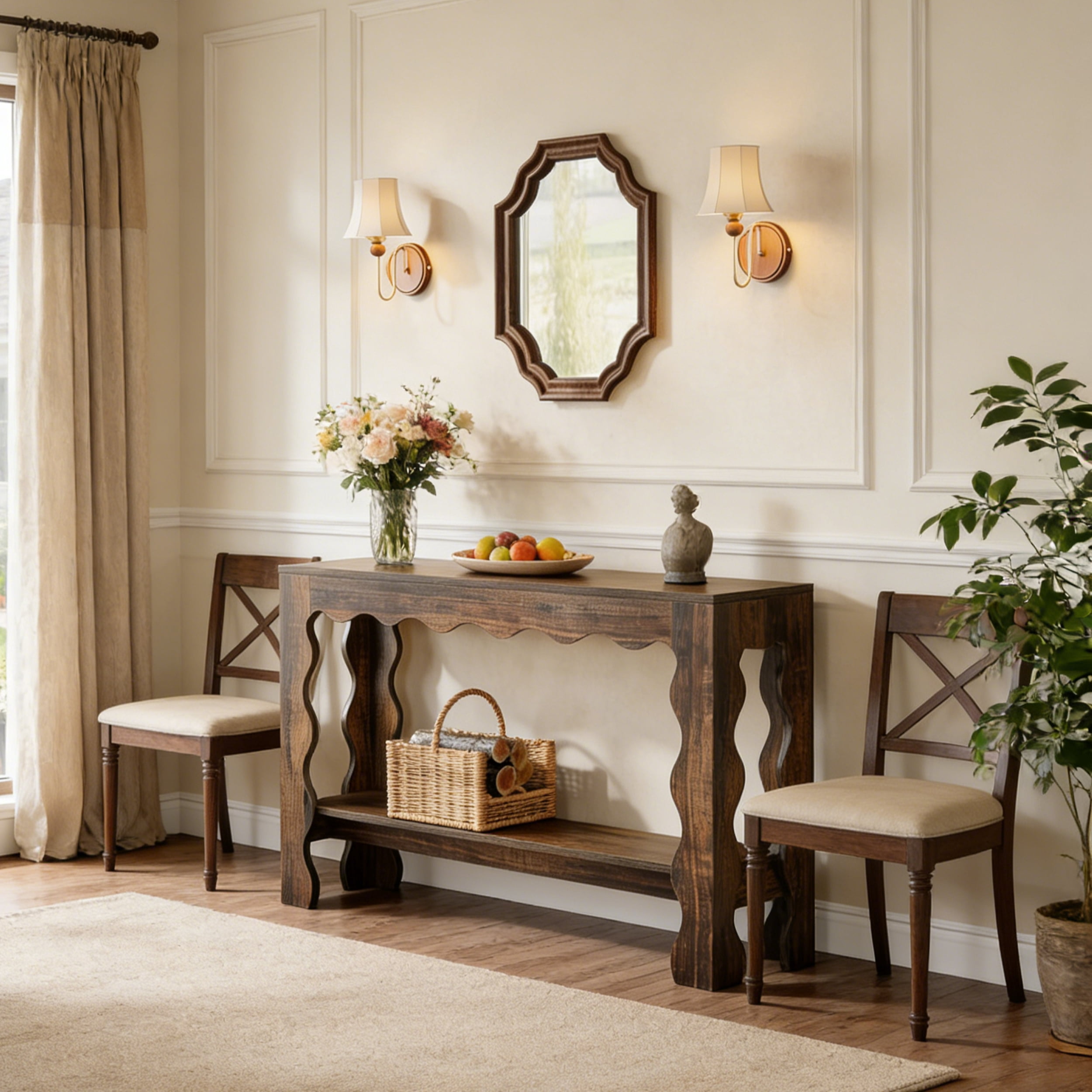 Fnova 63" Farmhouse Console Table with 2-Tier Storage Shelf, Scallop Design Entryway Table, Narrow Sofa Table for Living Room, Hallway, Foyer