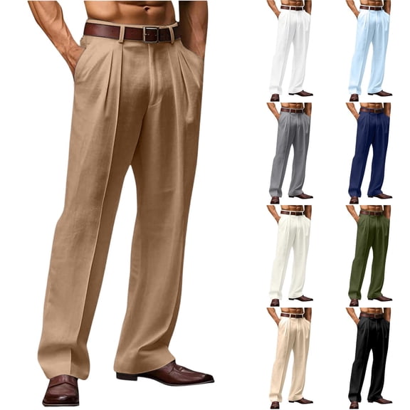Mens Wide Leg Dress Pants Relaxed Fit Fashion Vintage Work Trousers Cotton Linen Pleated Baggy Lined Slacks Gray XL