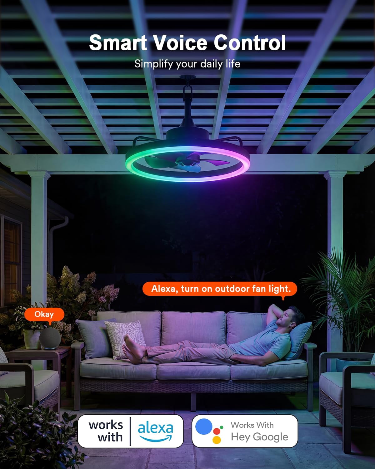Lumary Smart Outdoor Ceiling Fan with Light IP65 Waterproof Caged Iron RGB Color Changing Remote Control 20 Inch